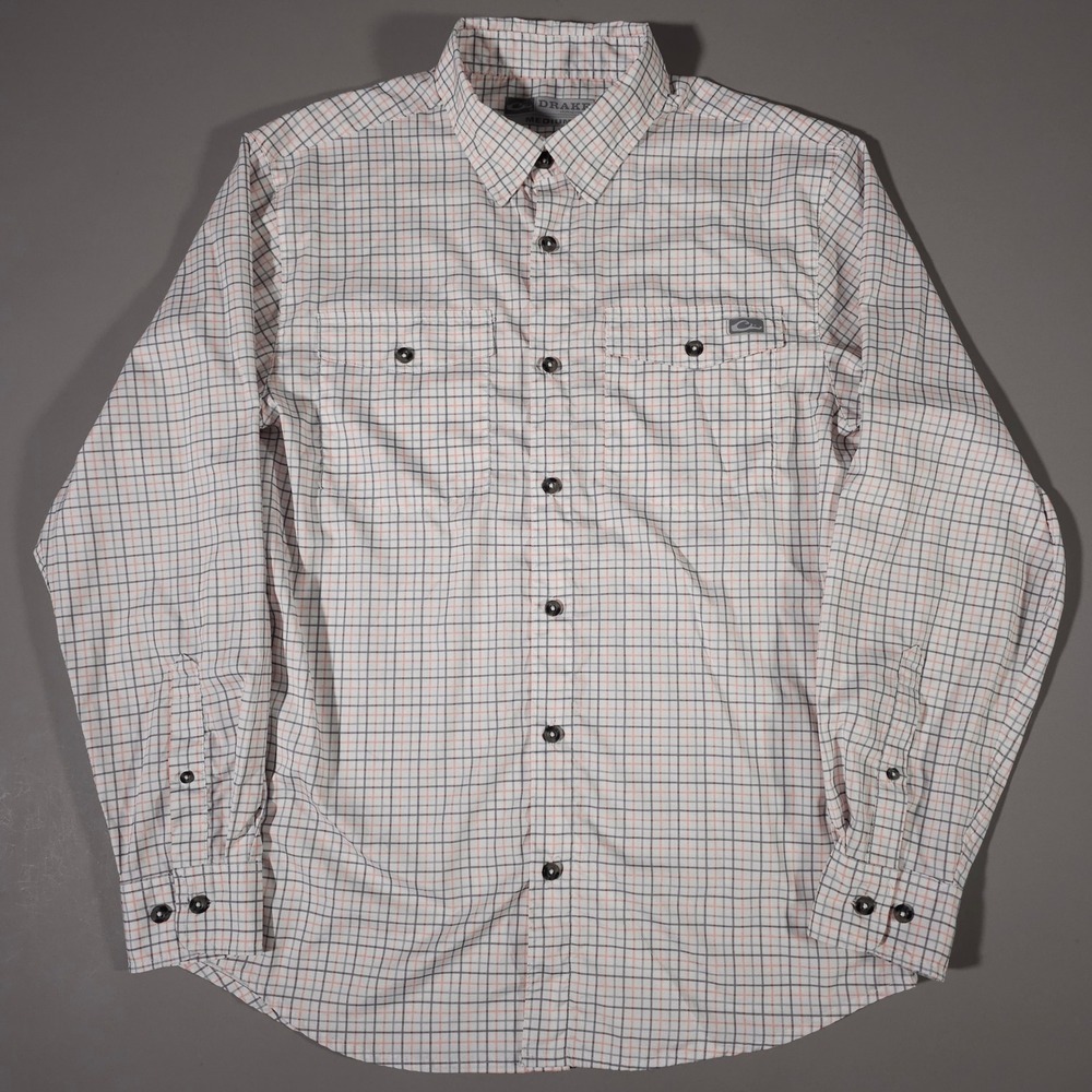 Drake Button Front Shirt Mens Medium White Orange Plaid Long Sleeve Performance